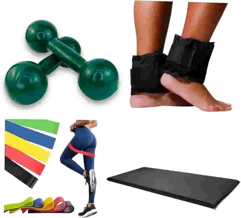 Kit Fitness com Halteres 1 kg, Par de Caneleiras 1 kg, Elástico para Treino e Alongamento, 4 Peças