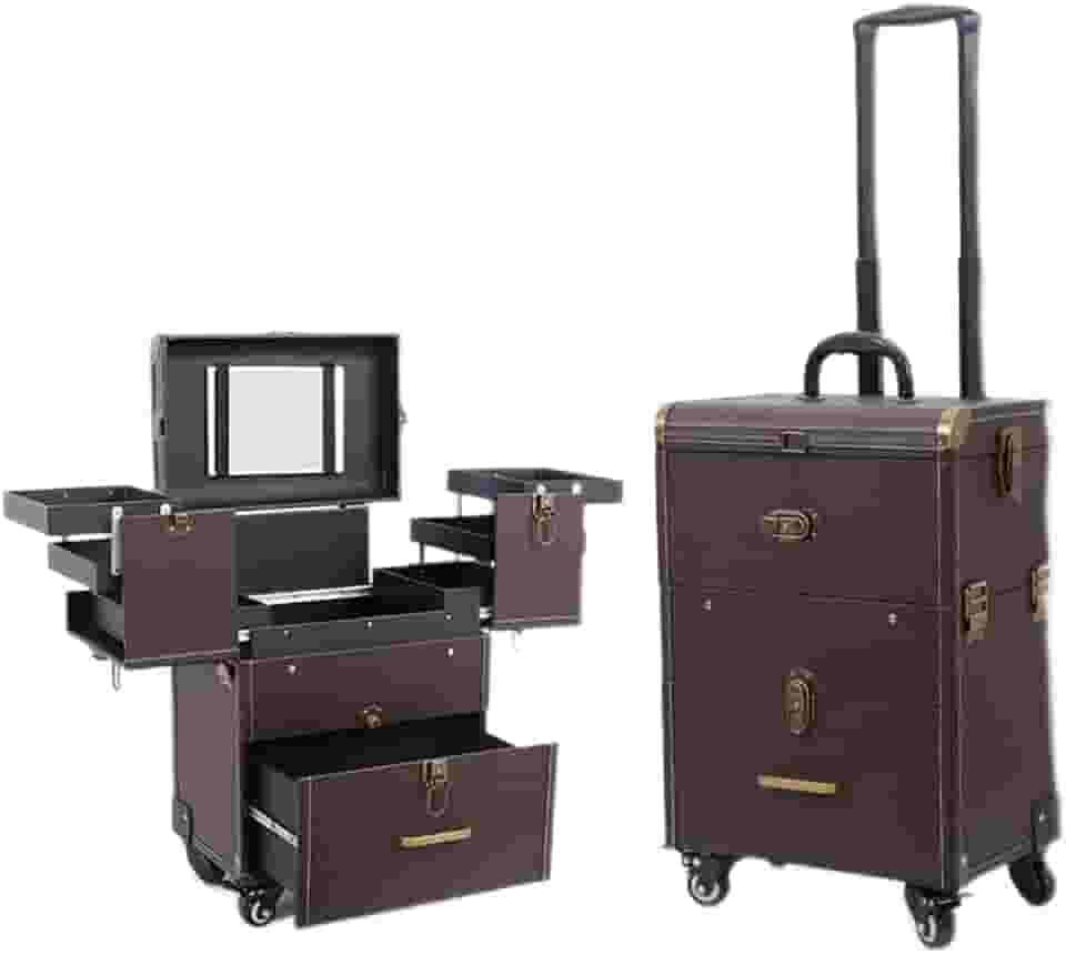 Estojo de maquiagem, carrinho de maquiagem profissional com divisórias ajustáveis, organizador de esmalte, estojo de viagem para joias com 4 rodas e fechaduras, Marrom, Mala de maquiagem com