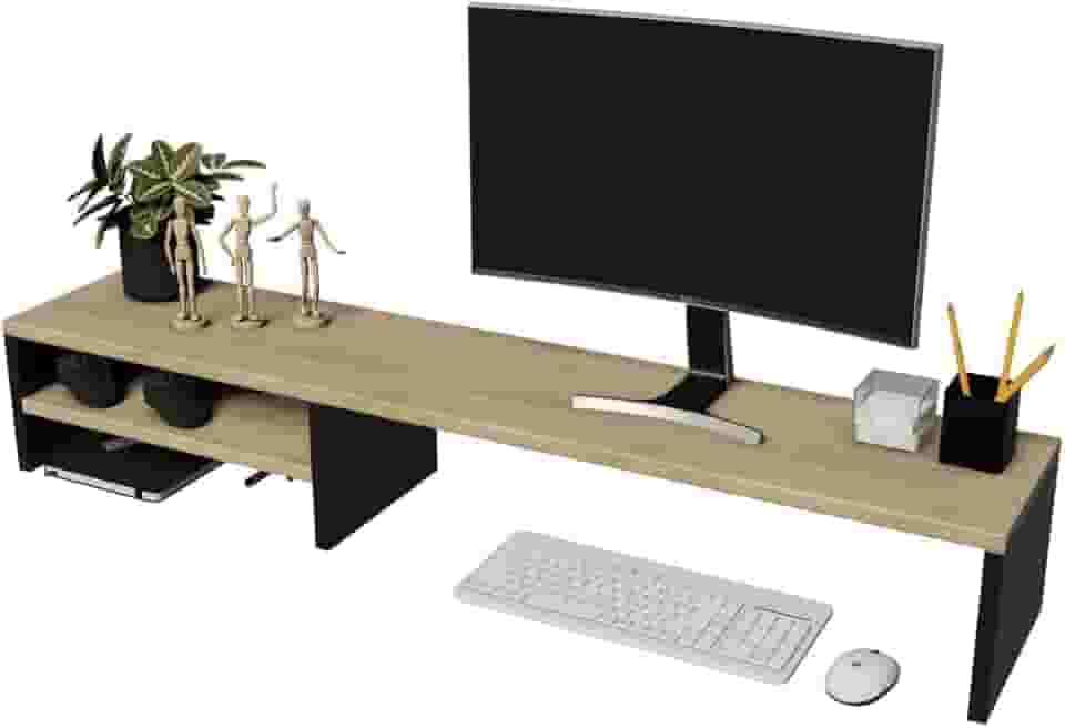 Suporte Monitor Notebook Mesa Tela Madeira MDP 100cm Ergonômico Preto ou Preta e Mel