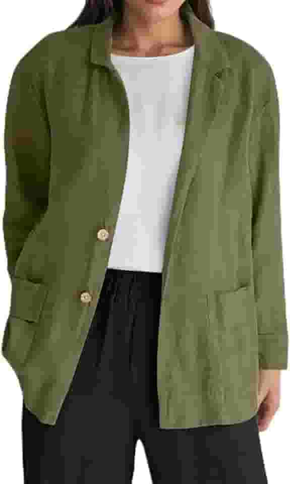 Blazer feminino leve, casual, de algodão, manga comprida, com botões, ajuste solto, para trabalho, escritório, com bolsos