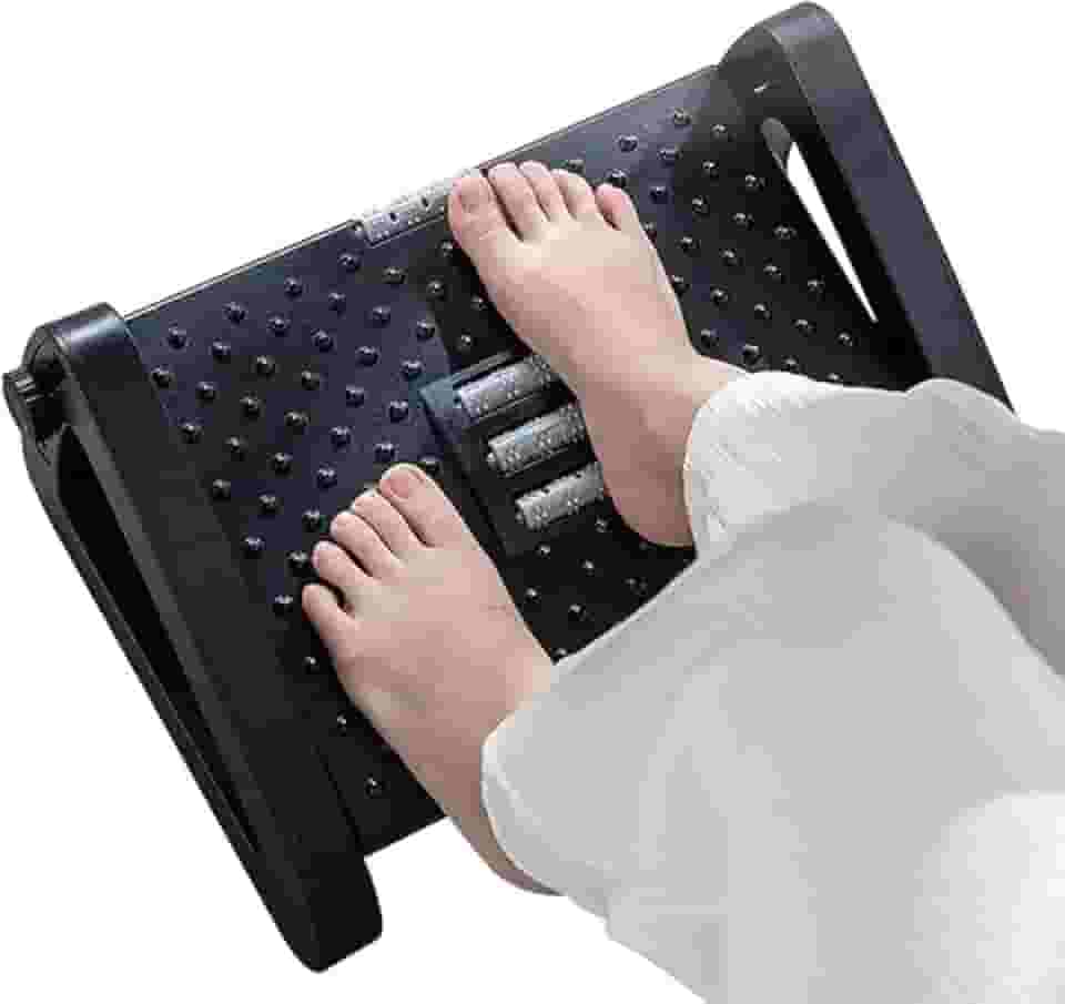 Apoio Ergonômico para Pés Ajustável com 6 Níveis e Rolos Massageadores – Descanso para Pés Sob a Mesa, Escritório, Casa ou Banheiro – Superfície Antiderrapante, Design Resistente – Cor Preta