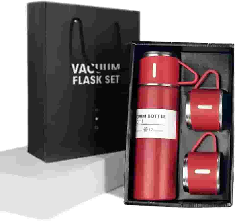 Kit Garrafa Termica Inox Isolada a Vacuo Parede Dupla Com Tampa Caneca e 2 Canecas 500ML Para Quente Gelado (Kit_Vermelho)