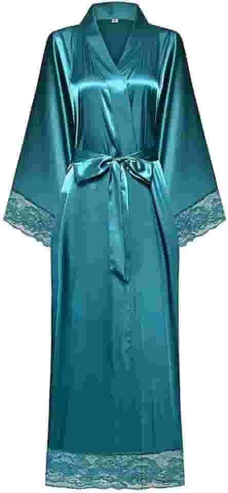 Roupão longo quimono feminino de cetim sedoso com acabamento em renda, roupão de banho de seda plus size, saída de banho leve