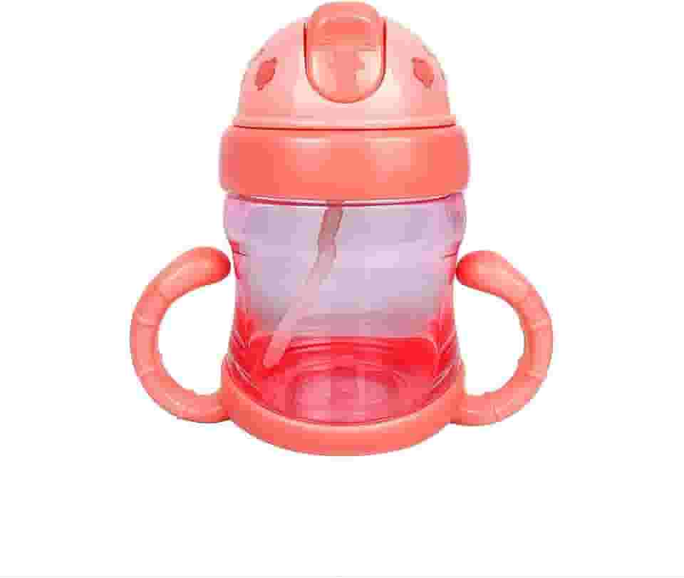 Garrafa de Treinamento Infantil 220ml com Canudo Retrátil – Antivazamento, Alças Laterais, Plástico Rosa