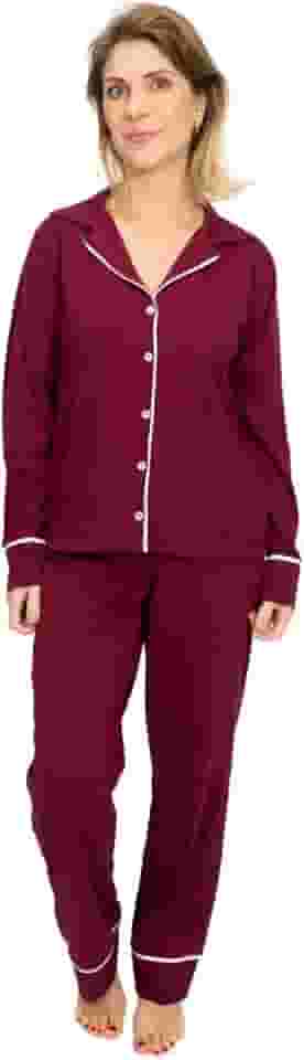 Pijama Americano Feminino Longo Algodão com Botões - Bordô