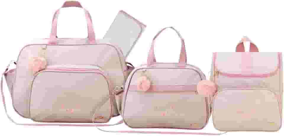 Kit Bolsa Maternidade 3 Peças com Mochila Garden Infantil Espaçosa Impermeável - Espera Feliz Baby (Bege com Rosa)