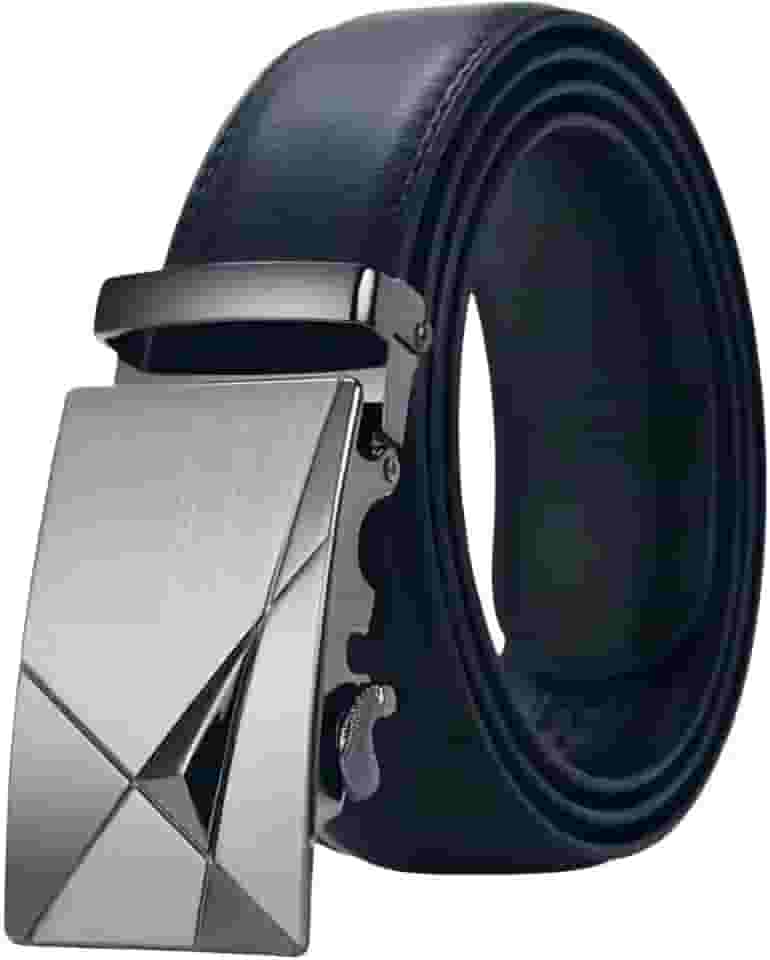 Cinto Social Masculino em Couro, Fivela Automática Geométrica, Preto