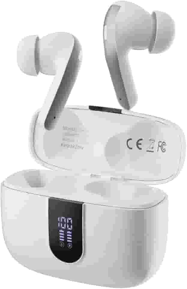 Fone de Ouvido Sem Fio Bluetooth, 40H de Reprodução com Display LED, Intra-Auricular, Cancelamento de Ruído, IPX5, 3 Tamanhos Tampões Ouvido Intercambiáveis, Som Estéreo (Branco)