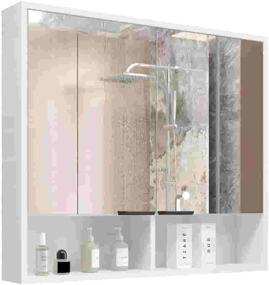 Armário de Banheiro Aéreo 2 Portas Com Espelho Espelheira Com Nicho Aquiles (Branco Flexcollor Nature)