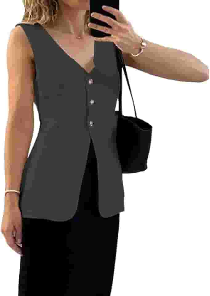 Colete feminino de verão longo de linho, casual, sem mangas, gola V, abotoado, casual, verão, com bolso
