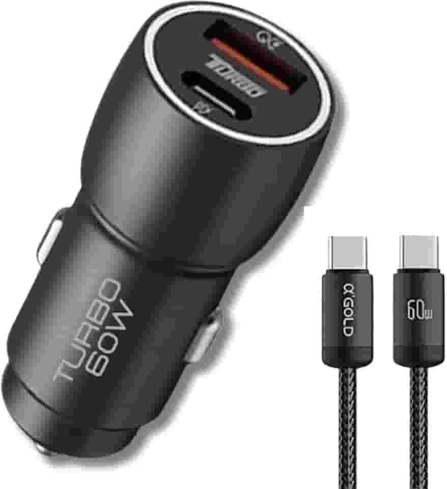 Carregador Veicular Turbo 60W Para Automóvel Carregador de Carro Duas Entradas com Carregamento Super Rápido Cabo USB-C Nylon 60w Premium Compatível Com IOS E ANDROID Compatibilidade Universal