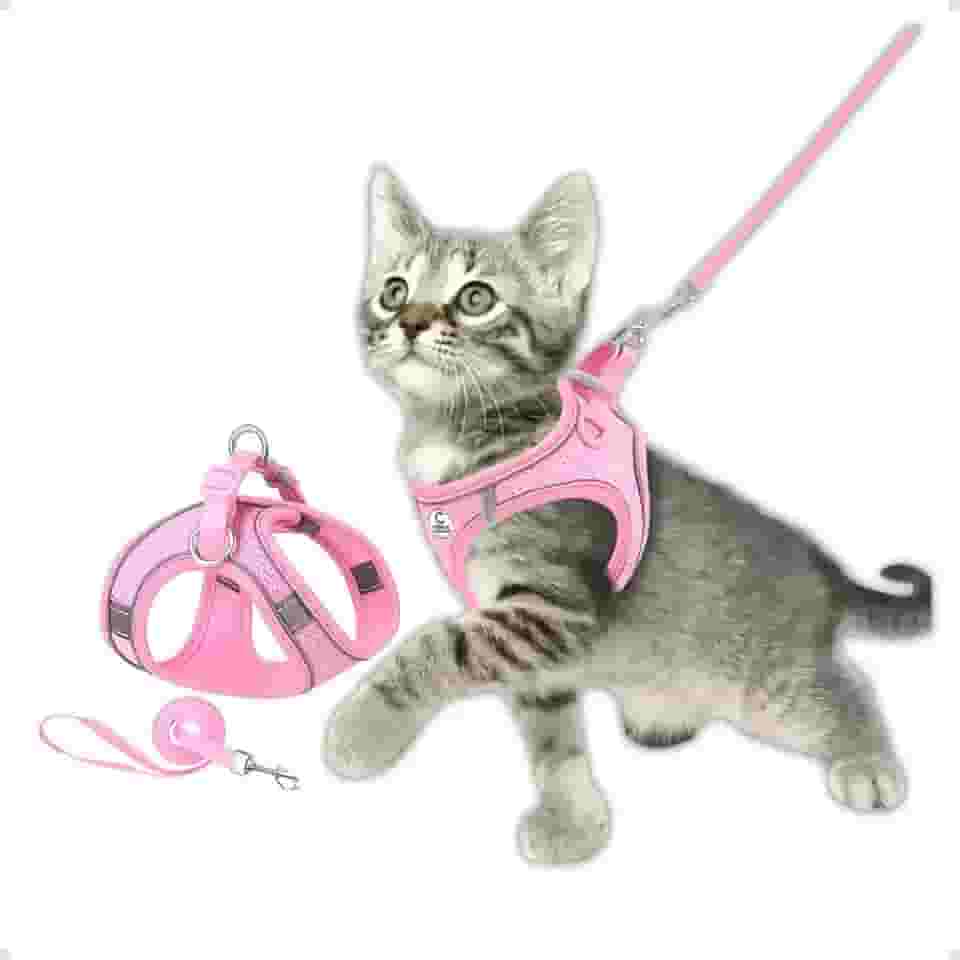 Coleira Peitoral com Guia para Gatos e Cachorros – Ajustável, Confortável e Respirável – Segurança e Liberdade em Passeios (Tamanhos PP/P/M/G) (Rosa, P)