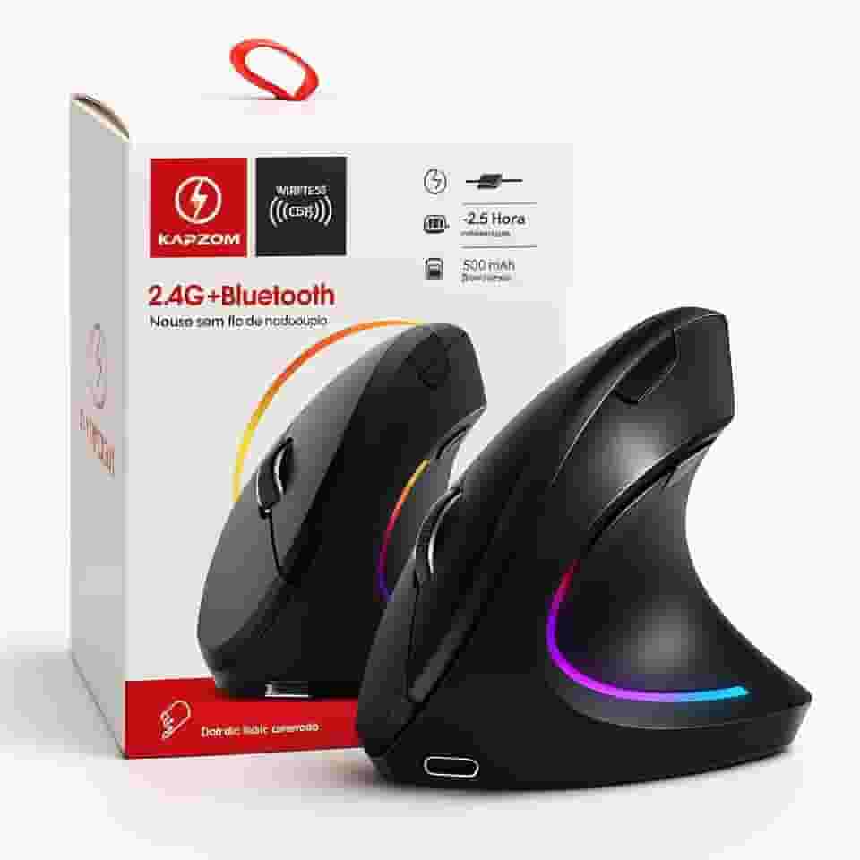 Mouse Ergonômico Sem Fio Vertical Recarregável Silencioso ErgoTech® RGB - Reduz Dor no Pulso e Fadiga – Compatível com Windows, Mac, Notebook, PC – Preto, Design Ortopédico DPI Ajustável