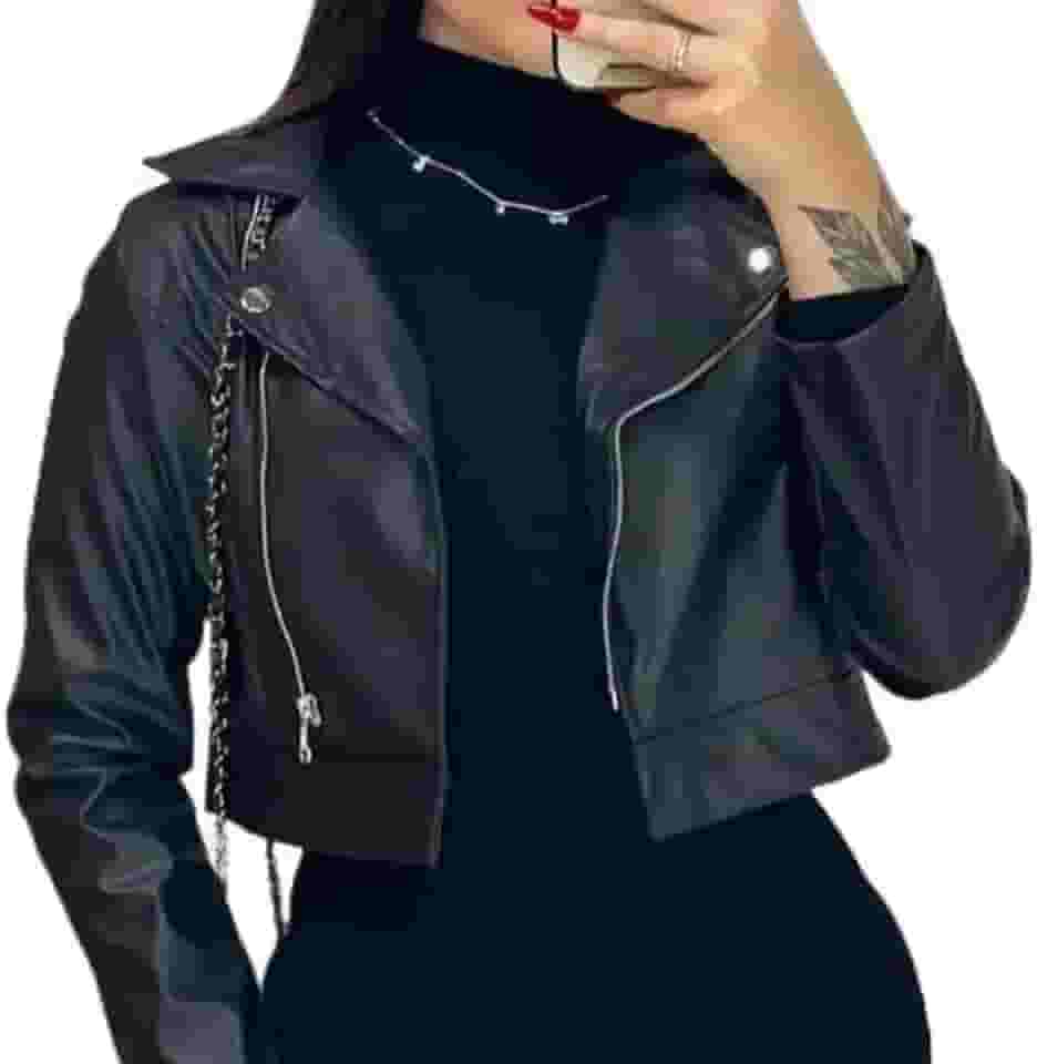 Jaqueta Feminina de Couro Sintético Outono Inverno Elegante com Zíper e Botões