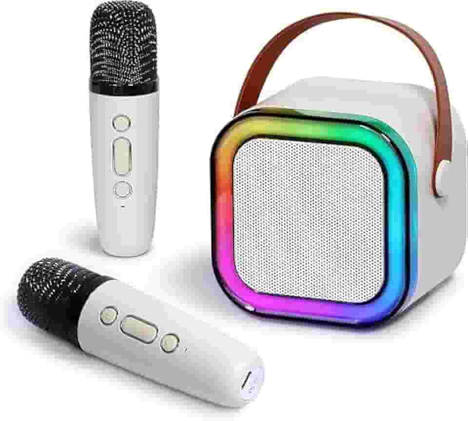 Kit Karaokê Portátil com 2 Microfones Bluetooth LED RGB Recarregável USB para Festas e Viagens (Bege)
