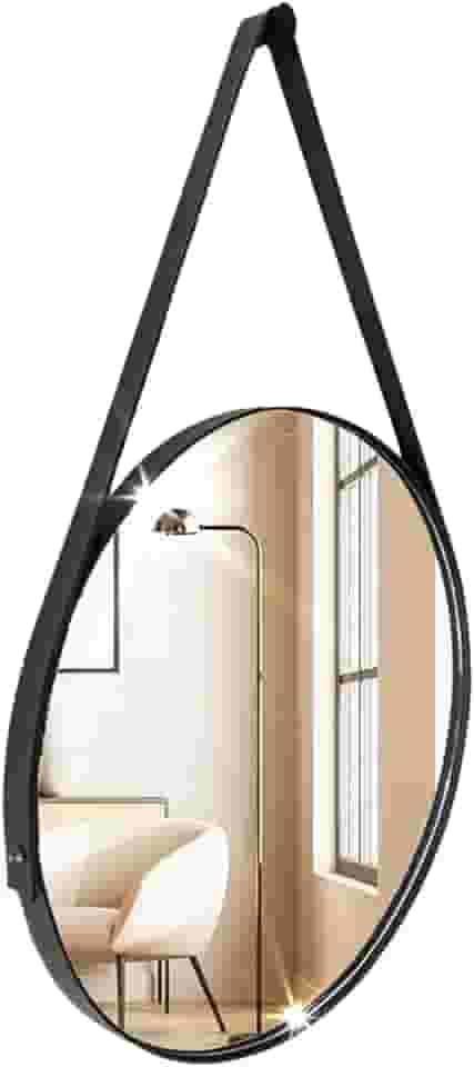 Espelho Adnet Redondo Decorativo 40cm em Couro Sintético Cor Preto – Elegância e Sofisticação para seu Ambiente (Preto)