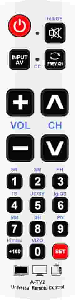 A-TV2 Controle remoto universal de TV com botão grande compatível com Vizio Panasonic Sanyo Samsung Toshiba Hisense Sony Philips Haier LG Sansui Sylvania Element Polaroid Emerson Dynex Insignia TV