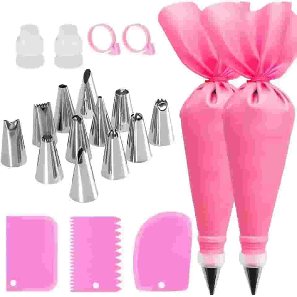 Conjunto de 21 sacos de confeitar e pontas com 12 pontas de aço inoxidável, 2 sacos de confeitar reutilizáveis, 2 acopladores, 3 raspadores e 2 anéis de silicone, kit de ferramentas de decoração de
