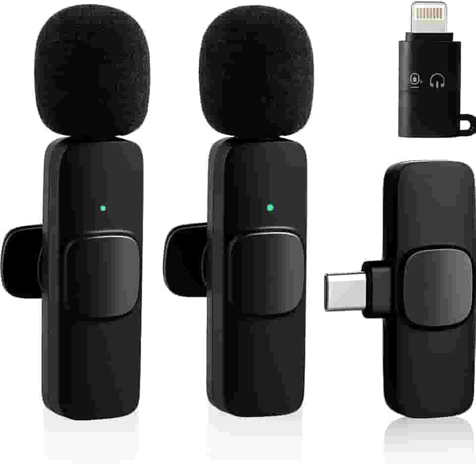 Kit Microfone de Lapela Sem Fio Bluetooth, 2 Unidades, Preto, Plástico ABS, Omnidirecional, Compatível com Android, Câmera e PC, Bateria Recarregável, para Gravação de Vídeo - Premium
