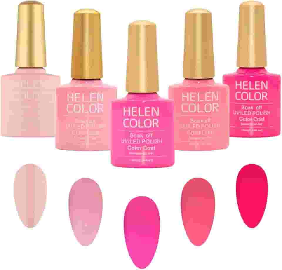 HELEN COLOR Kit 5 Esmaltes em Gel UV/LED Soak Off Brilhoso 10ml Cada Fórmula Profissional para Manicure Alta Durabilidade Secagem em Cabine (Rosa)