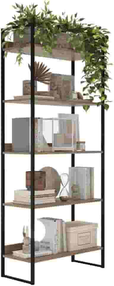 Estante Industrial 5 Prateleiras | Ferro E Madeira Laminada | Cor Preto Moderno