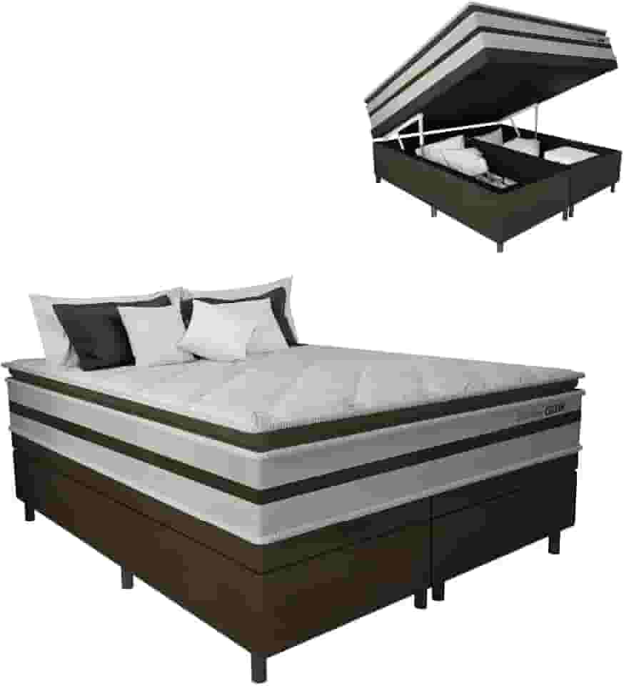Cama Box Baú Casal King Gazin Colchão Molas Ensacadas Pillow Top Love Story 193x203x71cm Branco/Marrom - Suporta Até 120Kg Por Pessoa