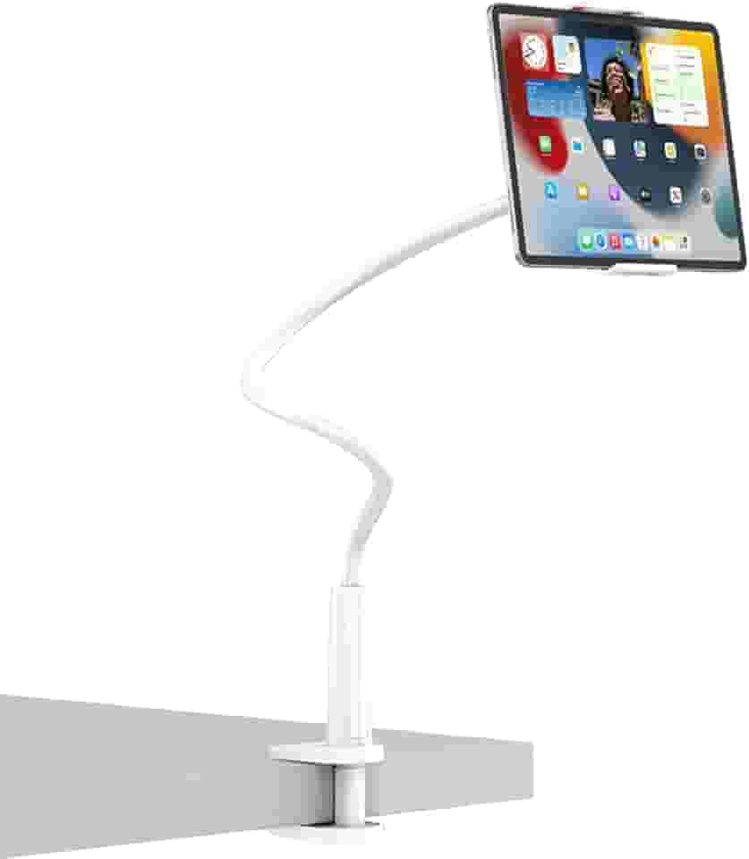 Suporte giratório de 360 graus para tablet e telefone com braço longo ajustável, suporte flexível universal para mesa e cama