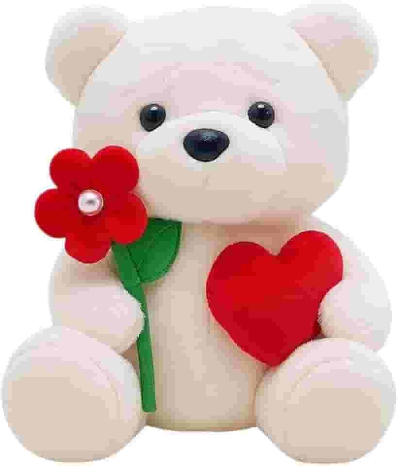 Wu Bichos de Pelúcia Urso Lovezinho, Pelúcia Macia, 22cm, Branco com Flor e Coração Vermelho, Presente Romântico