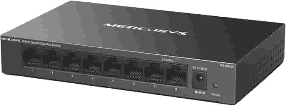 MS108GS: Switch Gigabit de 8 portas MERCUSYS, com auto negociação, Auto-MDI/MDIX, caixa metálica, economia de energia, instalação fácil, plug and play, sem necessidade de configuração.