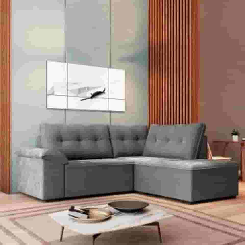 Sofá de Canto Retrátil 1,93m Cama 5 Lugares Tóquio Cinza Veludo