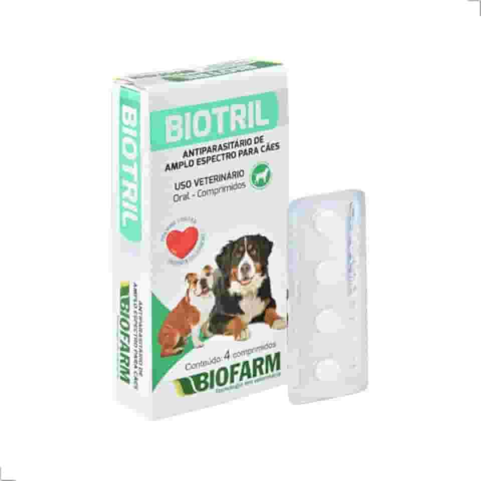 Biotril Vermífugo para Cães, Antiparasitário de Amplo Espectro, 4 Comprimidos, para Cães de 1-40kg, Uso Veterinário