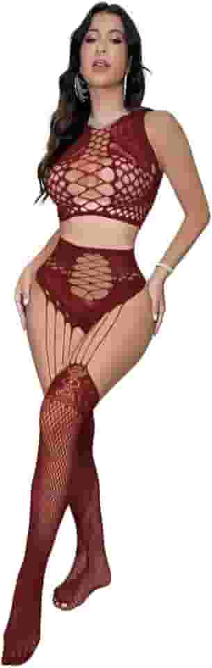 Conjunto de lingerie feminina sexy de duas peças de malha vazada arrastão e meias altas para stripper