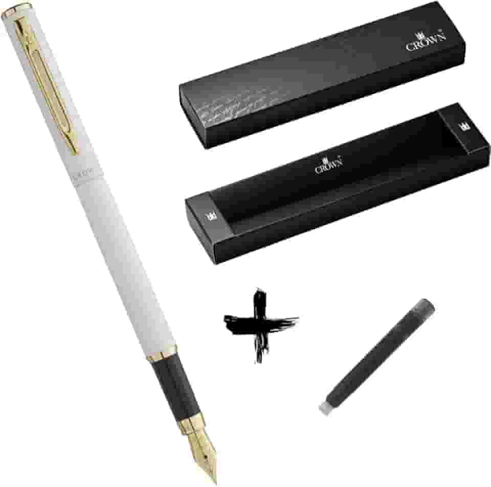 Kit Caneta Crown Capricci Tinteiro Ponta de Pena Iridium Alemã + Case Exclusiva Crown + Refil Extra Preto (Branco)