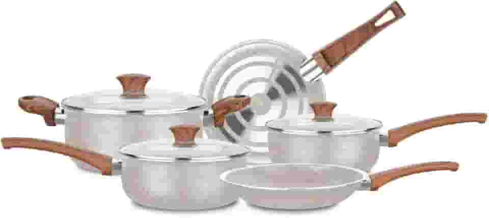 Conjunto de Panelas Vanilla Cerâmica 5 Peças – Antiaderente Cerâmico | 18cm, 20cm, Caçarola 22cm, Frigideiras 22cm e 24cm | Tampas de Vidro, Cabos Antitérmicos (VANILLA)