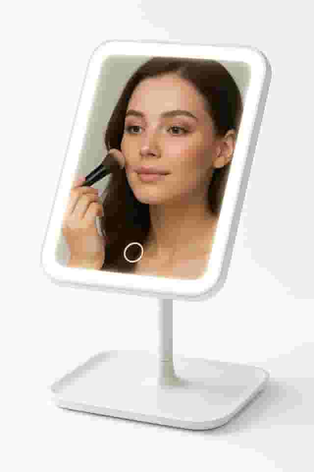 Espelho de Mesa com LED Recarregável | 3 Tons de Luz Ajustáveis | Botão Touch | Base Porta-Objetos | Maquiagem & Skincare| Portátil