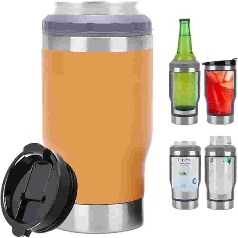 Caneca Porta Latas e Isolador 4 em 1 para Lata Fina e Padrão de 355ml e Long Neck de Cerveja. Copo Térmico de Aço Inoxidável Isolado a Vácuo e Termocooler (Orange)
