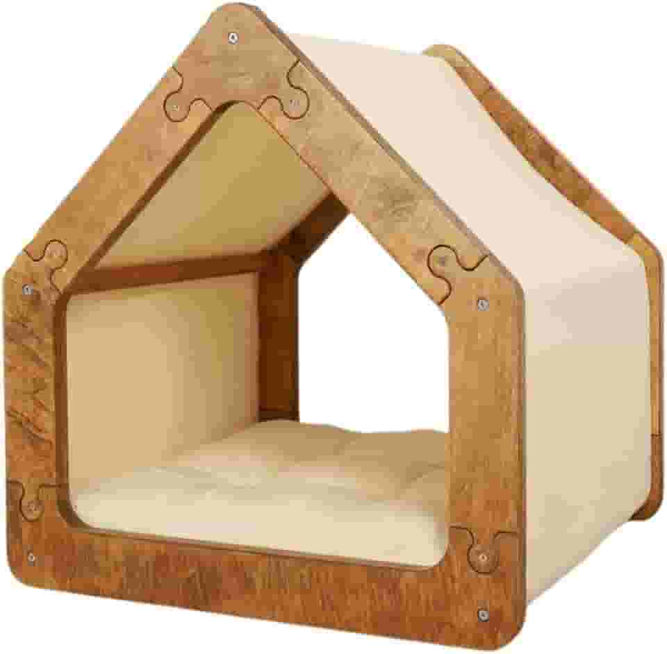 Cama Caminha para Pet Cachorro e Gato Tamanho Grande em Madeira e Tecido, Luma Pet, Design Casinha, com Almofada Macia, Bege e Marrom