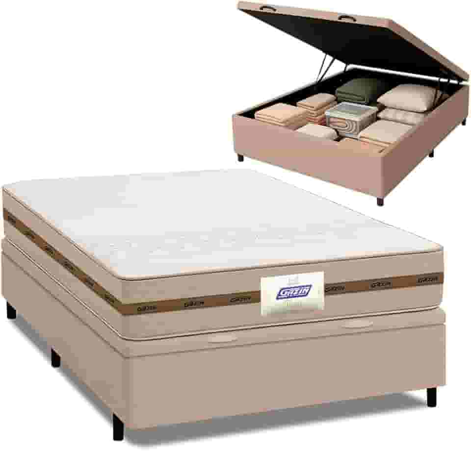 Cama Box Baú Casal Colchão Molas Flora Bege 138x188x61cm Marrom