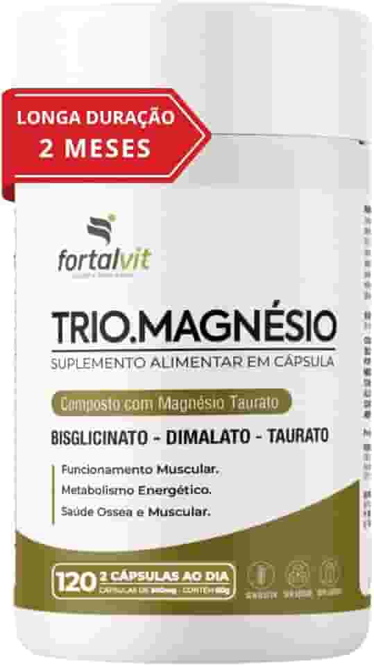 TRIO.MAGNÉSIO - Longa Duração: 2 Meses de Uso, Bisglicinato - Dimalato - Taurato, 260mg Alta Concentração,120 Cápsulas, Fortalvit
