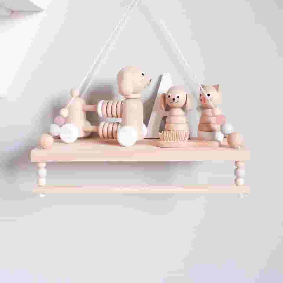 Prateleiras de quarto infantil, prateleiras de parede, prateleira suspensa com contas de madeira e toalheiro, para decoração de quarto, sala de estar, corredor (rosa)