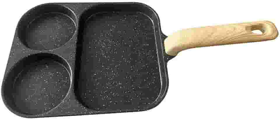 Panela Antiaderente para Ovos e Bistec 3 em 1 de Alumínio com Seções Cozinhar Fritos Cabo Madeira Presunto Omelete Muffins Ovo Bacon