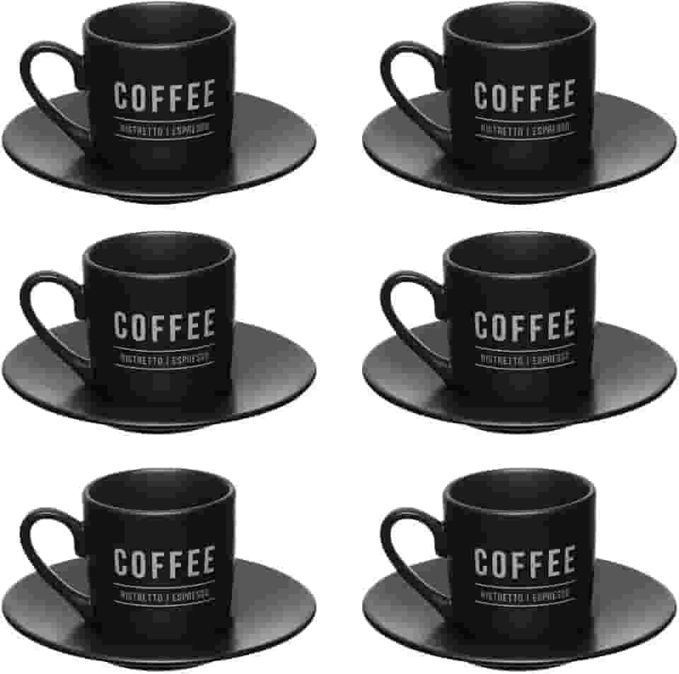 Jogo de Xícaras Porcelana 80ml para Café com Pires Manhattan Hauskraft Preta 6 Peças