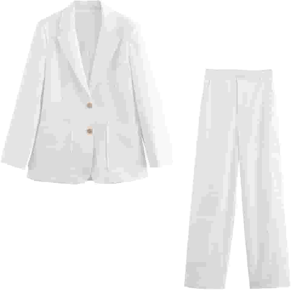 Conjunto de blazer e calça reta de mistura de linho, branco, terno feminino minimalista