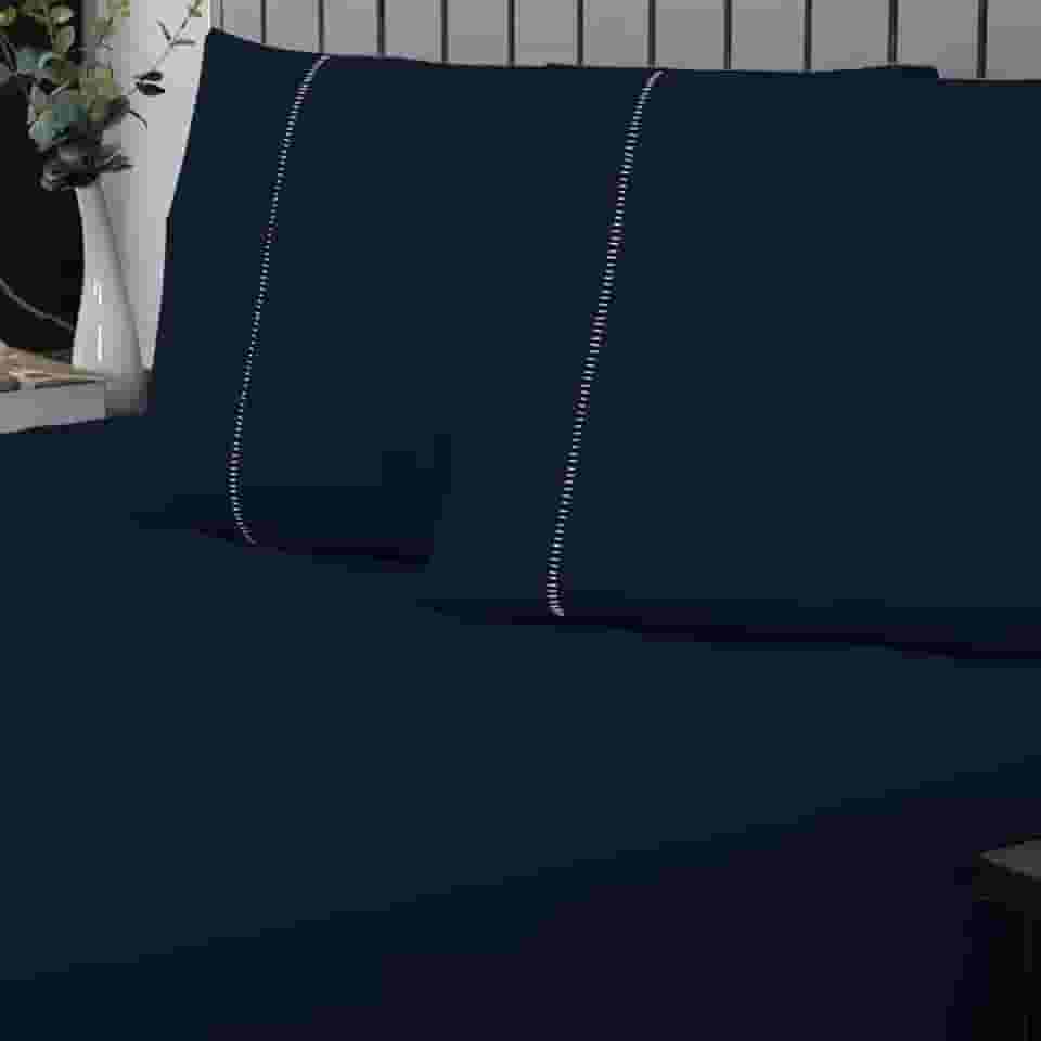 Jogo de Cama Queen Percal 400 Fios Ponto Palito 03 Peças, Antiácaro, Anti-pilling com Toque Macio - Azul Marinho