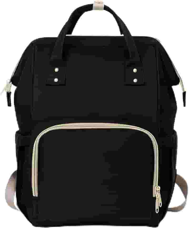 Mochila Maternidade Expansível Preta, Bolsa Gestante com Zíper Dourado, Compartimentos Múltiplos, Design Moderno