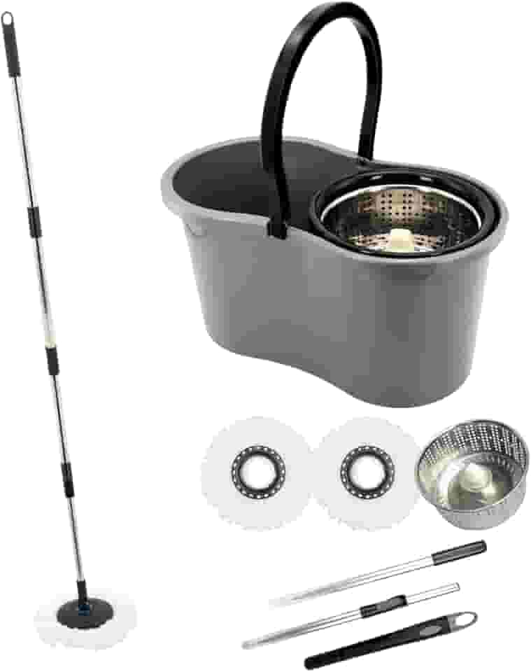 Importado - Mop com Balde Giratório Cesto em Inox, 9 Litros, Esfregão para Limpeza Lava e Seca com 2 Refis de Microfibra