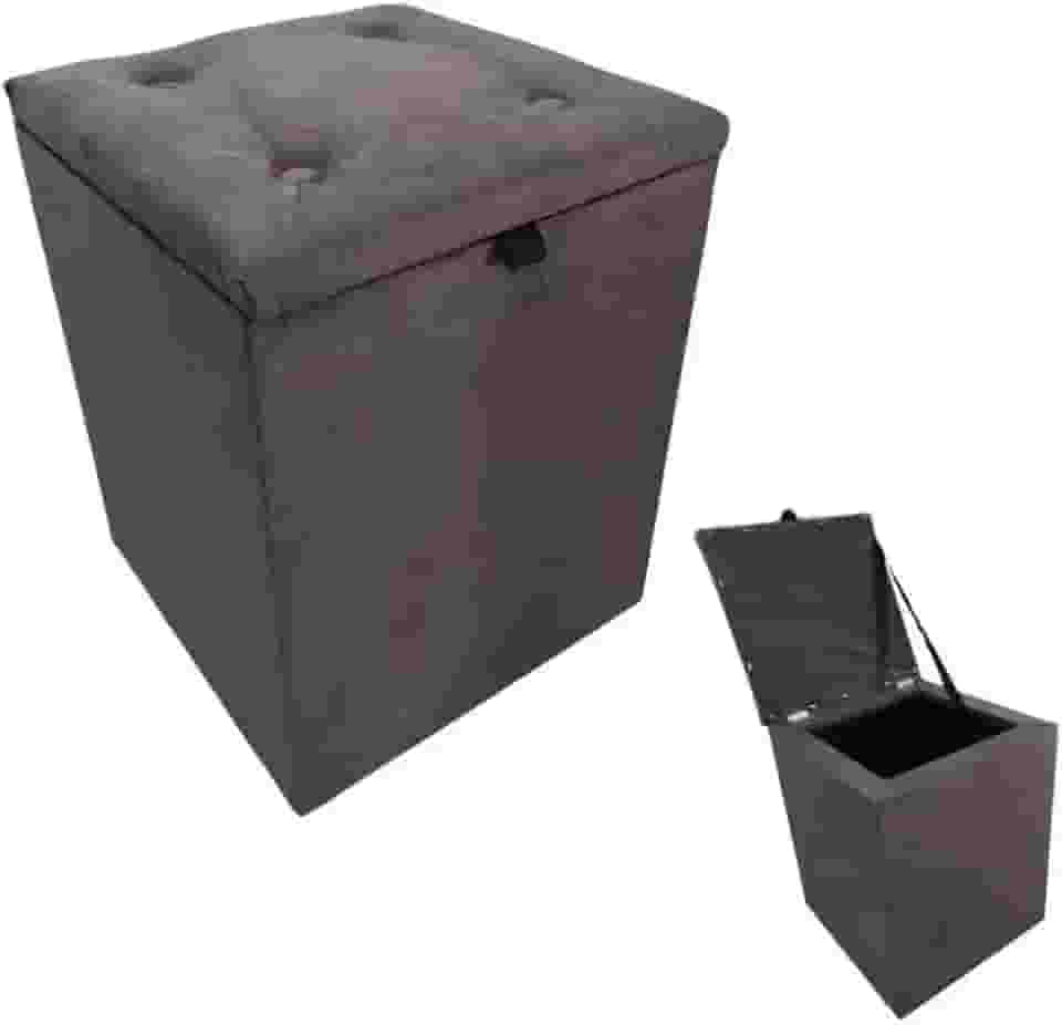 Puff Baú Decorativo em Suede, Marrom, com Compartimento de Armazenamento