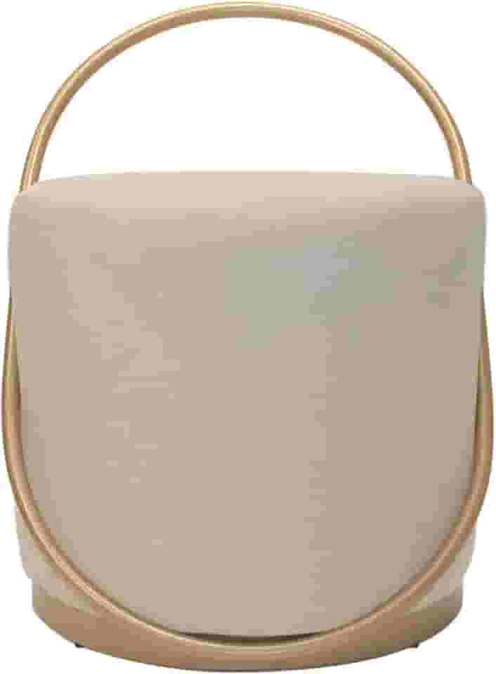 Puff Redondo Industrial Estofado Em Linho Base Dourada de Metal - Lizard (Bege)