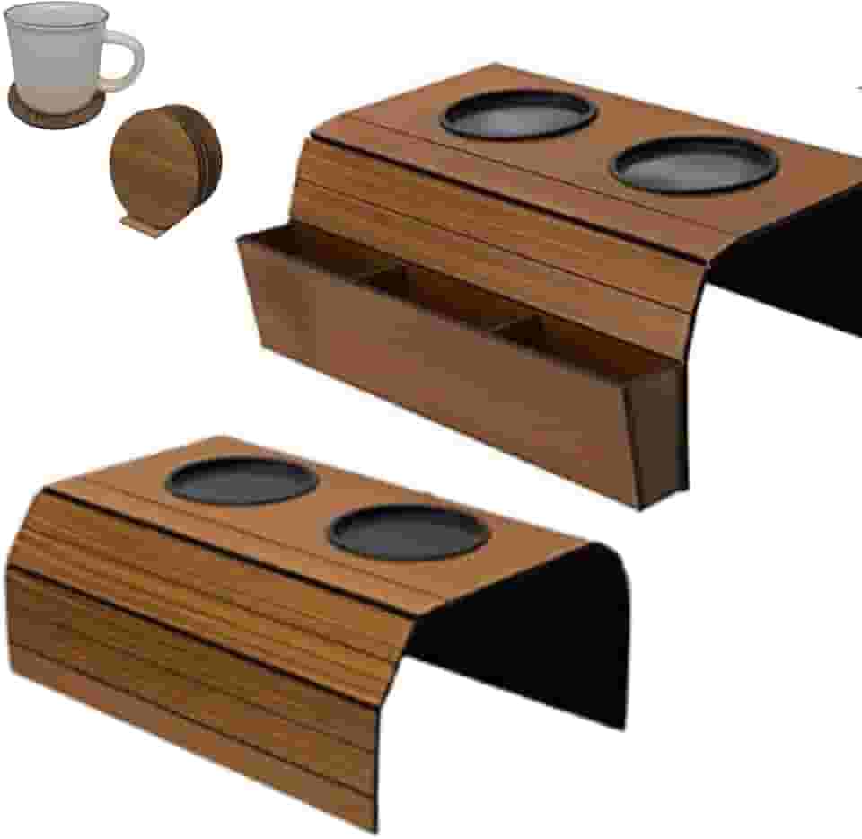 Kit 2 esteiras para braço de sofá com porta copos e porta controle remoto MDF ajustável cor tabaco(1 esteira com porta controle, 1 esteira sem porta controle e 4 porta copos)