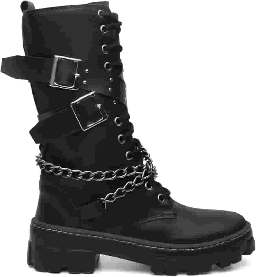 Coturno Feminino Gótico, Bota Cano Alto Preta com Correntes e Fivelas, Sola Tratorada, Material Sintético, Estilo Rock Urbano, Fechamento com Zíper Lateral
